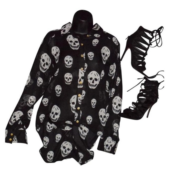 Last Kiss Skull Sheer Blouse Shirt S NWT - Picture 2 of 7